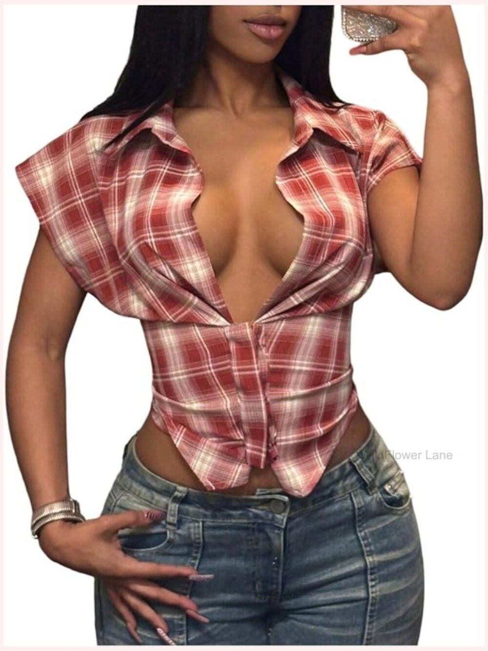 Y2K Deep V Plaid Dolman Sleeve Button Down Crop Top Blouse - Picture 1 of 4